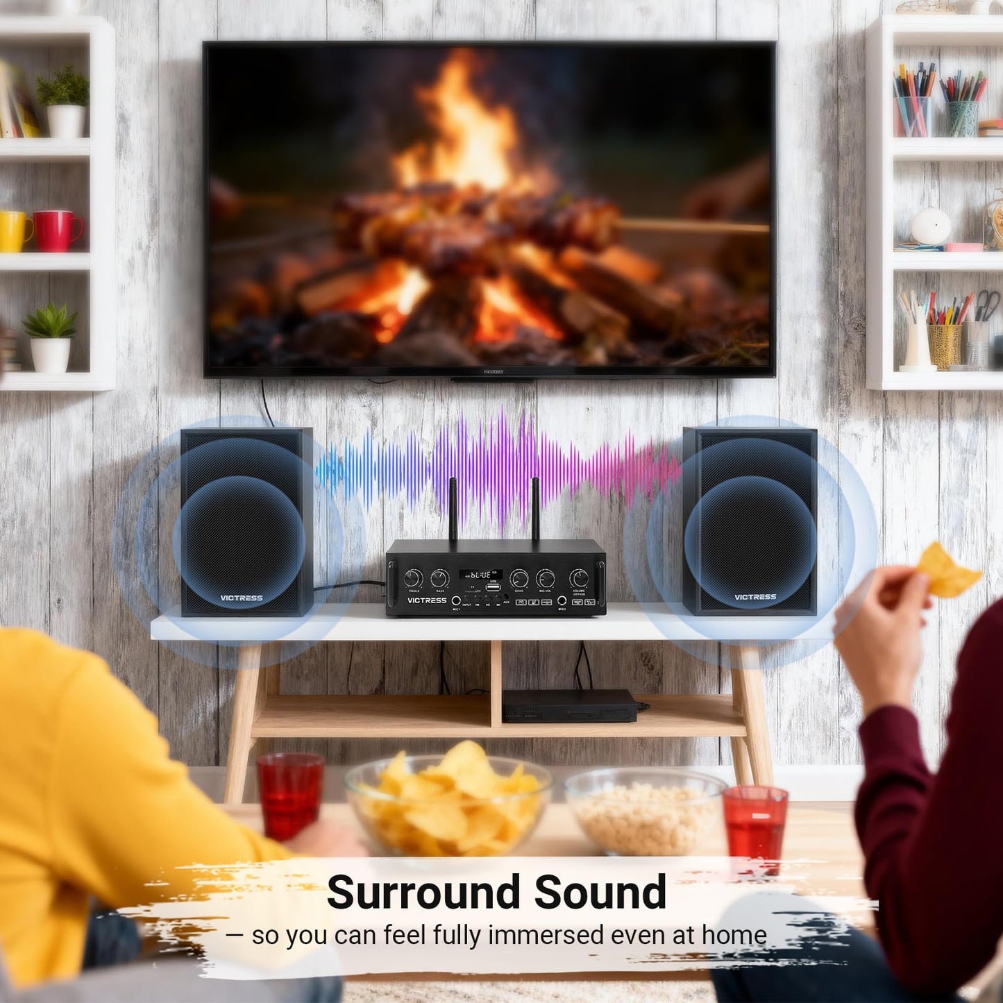 All-in-One 500W Power Amplifier for Home Audio, Bluetooth 5.0 with 2 HiFi Speaker&Wireless UHF Microphones, 2 Channel Stereo Amplifier Set