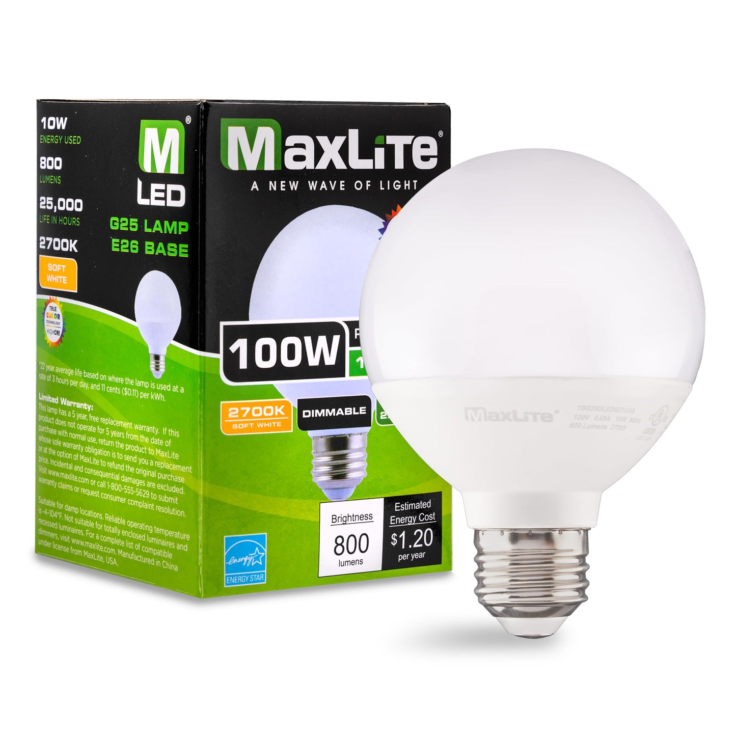 Maxlite 10G25DLED927/JA8 Dimmable 10W LED 2700K G25 Globe - Incandescent Light Bulbs Replacement, Soft White Light Bulbs, JA8 Compliant, 92 CRI, 25000