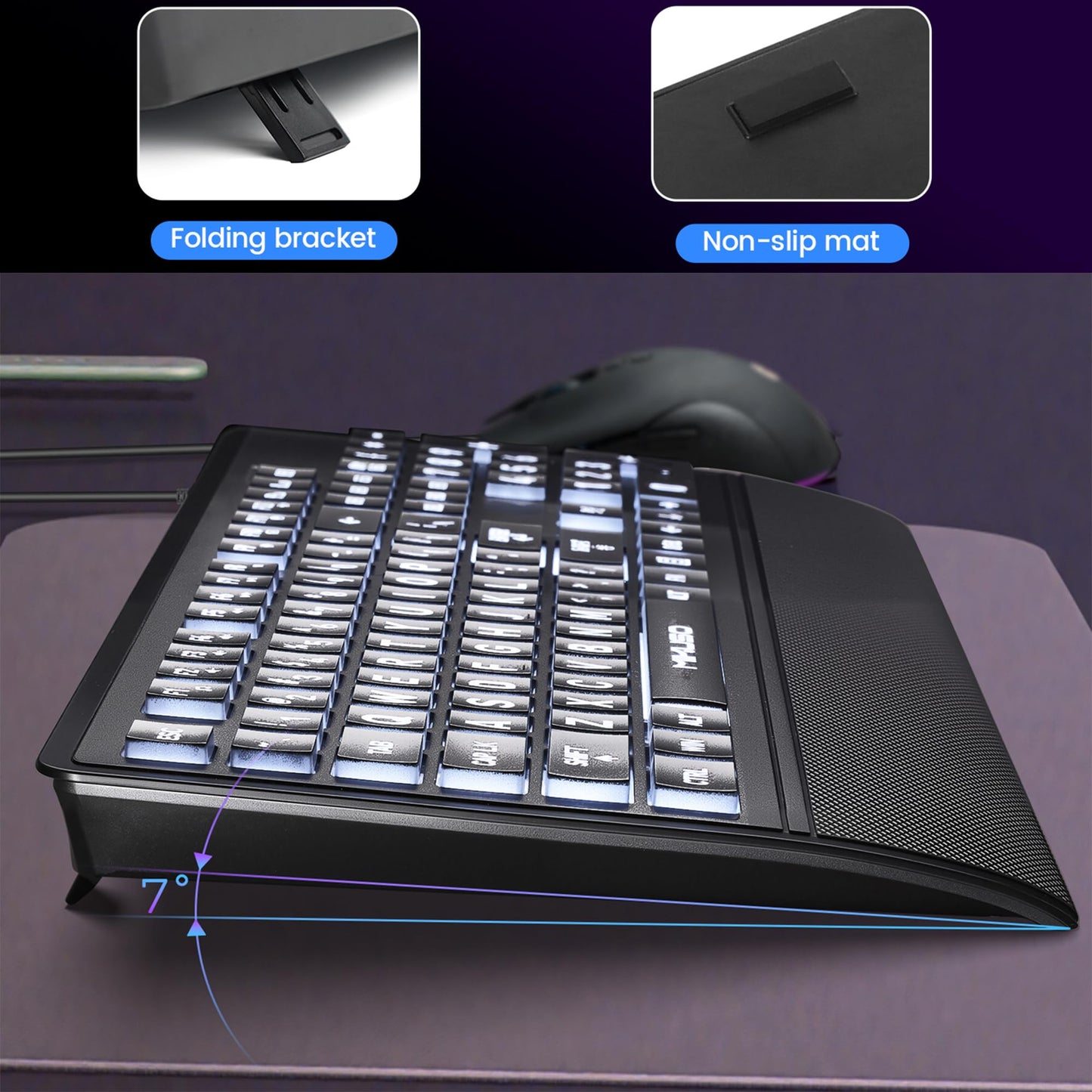 Large Print Backlit Keyboard - High Visibility Big Letter White led,Keyboard for Seniors and Low Visually Impaired, Wired USB with light up and Wrist