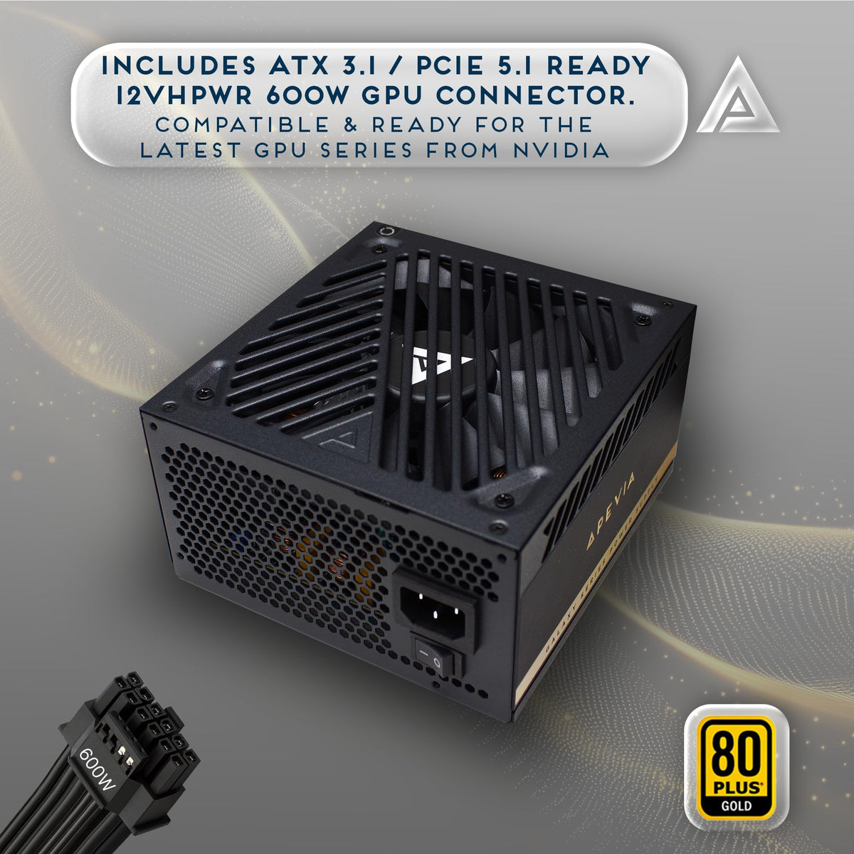 Apevia Galaxy 850W 80+ Gold ATX 3.1 Fully Modular Gaming PSU, PCIe 5.1 600W 12VHPWR, Japanese Caps, Silent 135mm FDB Fan, Stable +12V Rail, PSU