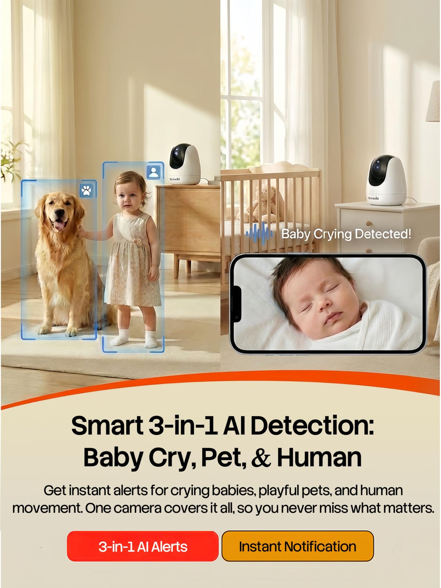 Tenda CP3 Pro 2K Indoor Security Camera with WiFi 6 & AI Baby/Pet Detection - Baby Monitor, Pet Camera for Home, One-Touch Calling, Night Vision