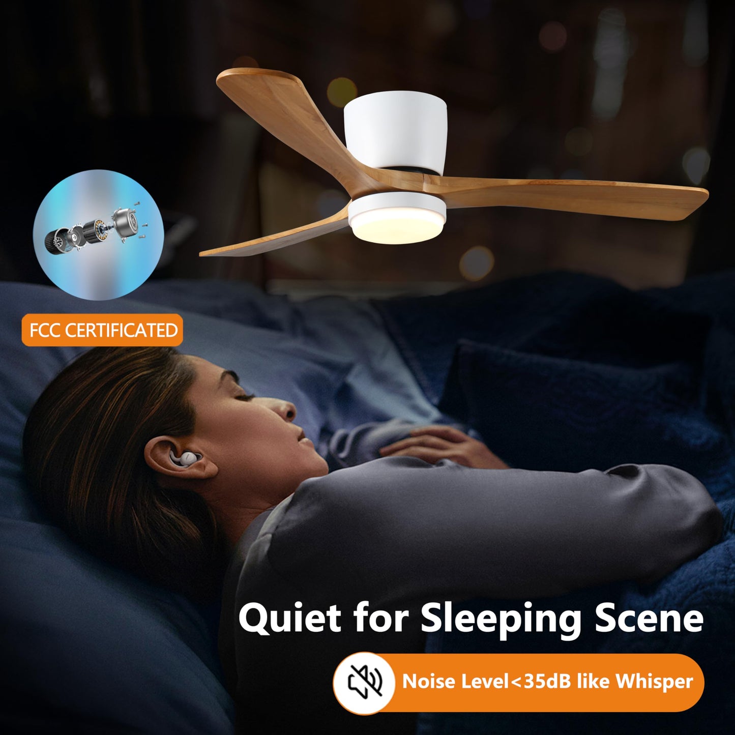 FUCIHOMA 42 inch Wood Ceiling Fans with Lights and Remote, Modern Flush Mount Low Profile Ceiling Fan with Light, 6 Speed, Reversible DC Motor,