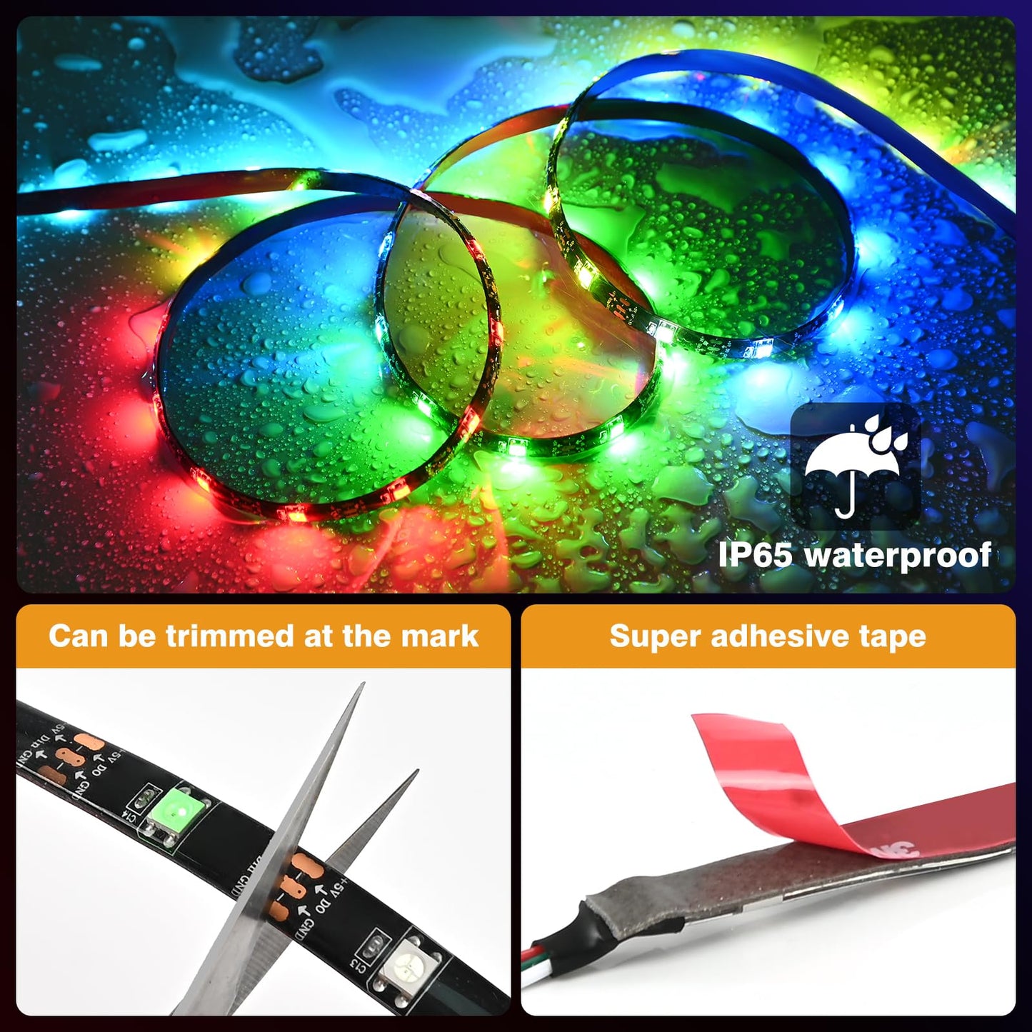 G GEEKEEP Upgrade Smart RGB Music Sync Multiple Colors Chasing 16.4ft neon Led Strip Lights Cuttable and Linkable, Flexible Outdoor Led Strip Lights