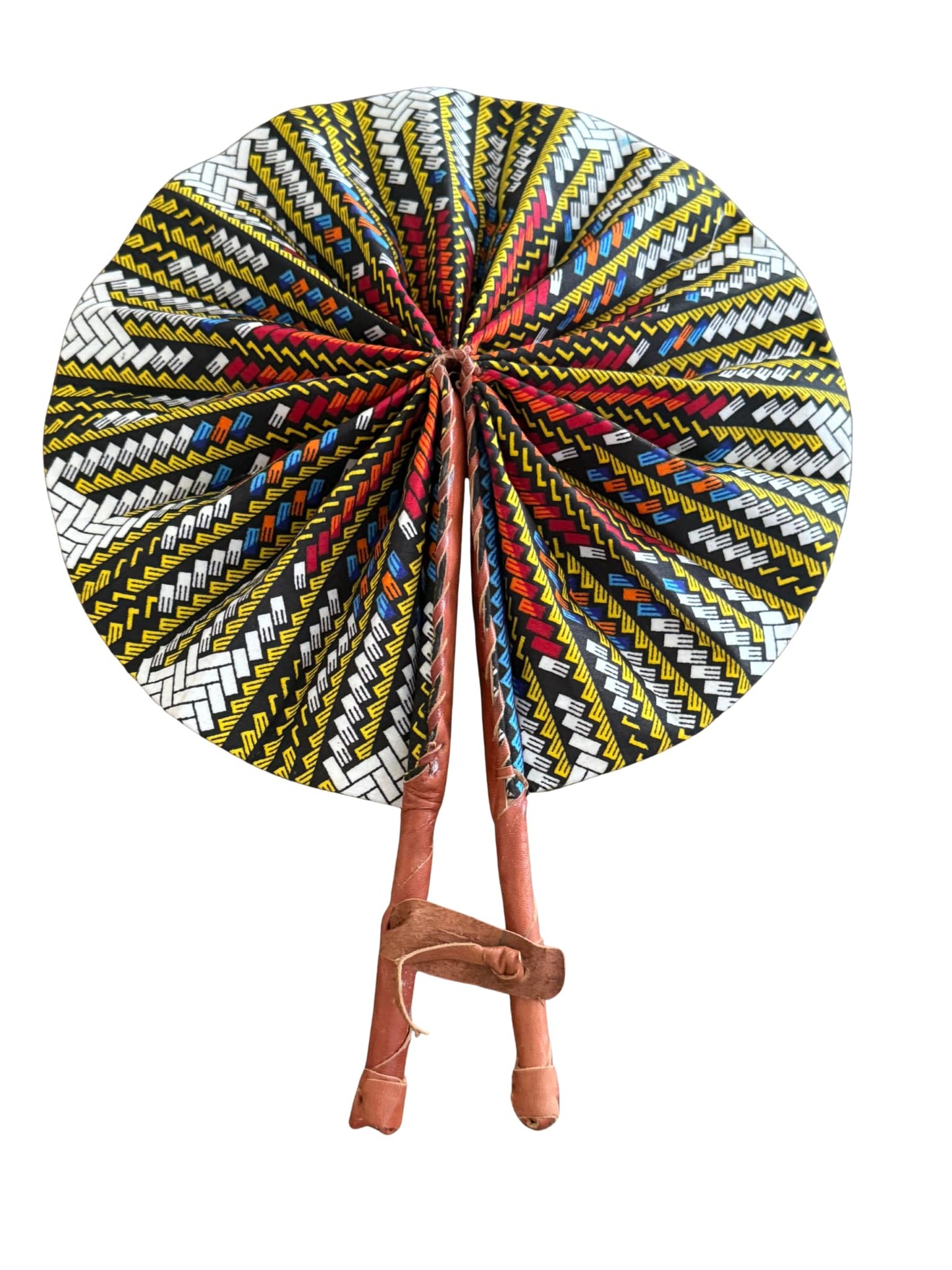 GhanaStuff Handmade African Ankara Fabric Handheld Portable Fan, Genuine Leather Handle, Made in Ghana (fifi)