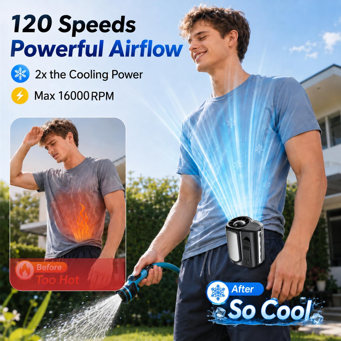 Sovrelon Waist Fan with Ice Cooling, 3-in-1 Wearable Clip On?Rechargeable 7000mah Battery ?120-Speed Strong Airflow, Dual-Clip Personal Fan with Light