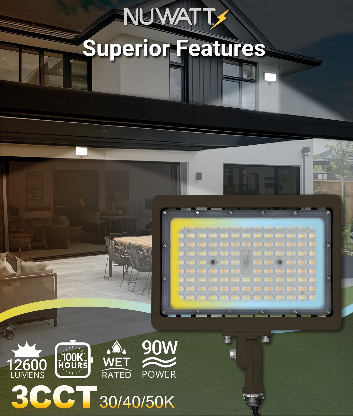 NUWATT 90W LED Flood Light, 3CCT 3000K/4000K/5000K Selectable, IP65 Waterproof Lighting, Adjustable Knuckle Mount, 12600LM, 0-10V Dimmable, 120-277V