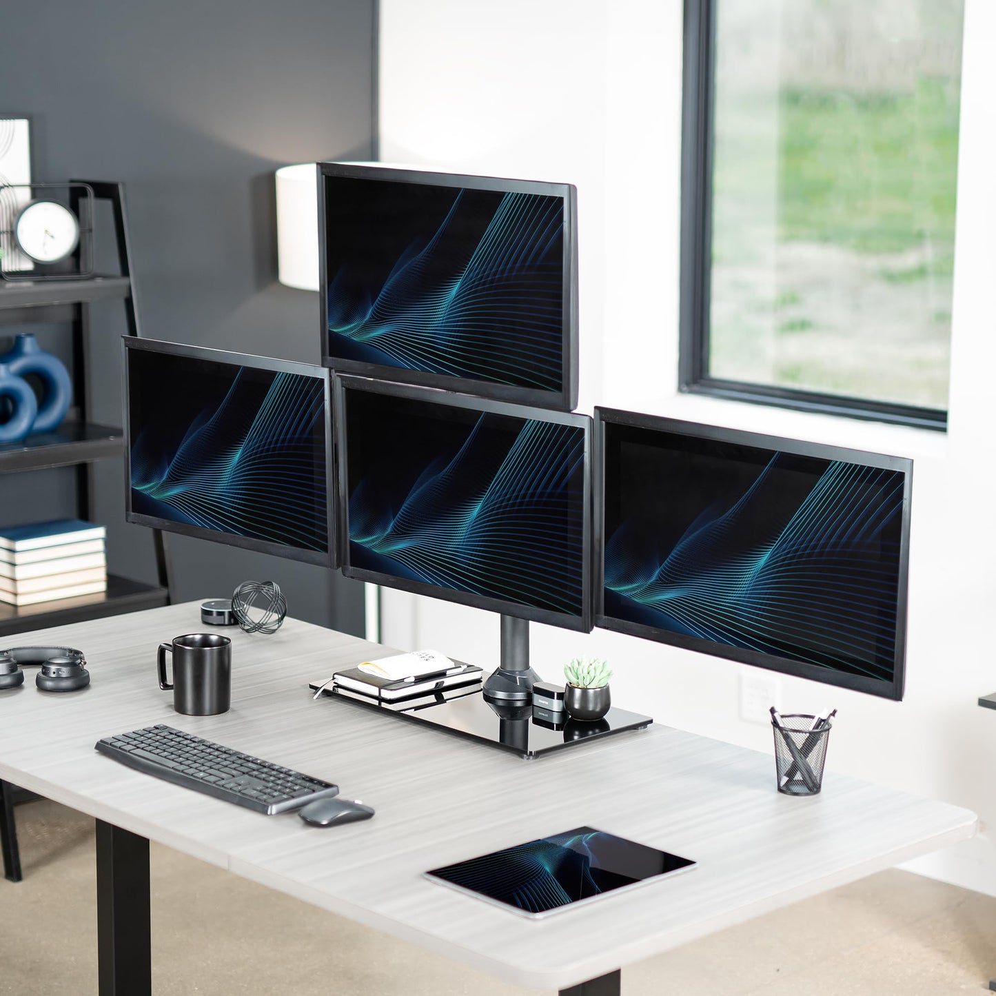 VIVO Black Steel Quad Freestanding LED LCD Computer Monitor, Heavy Duty 3 Plus 1 Fully Adjustable Stand with Base, Holds 4 Screens up to 24 inches
