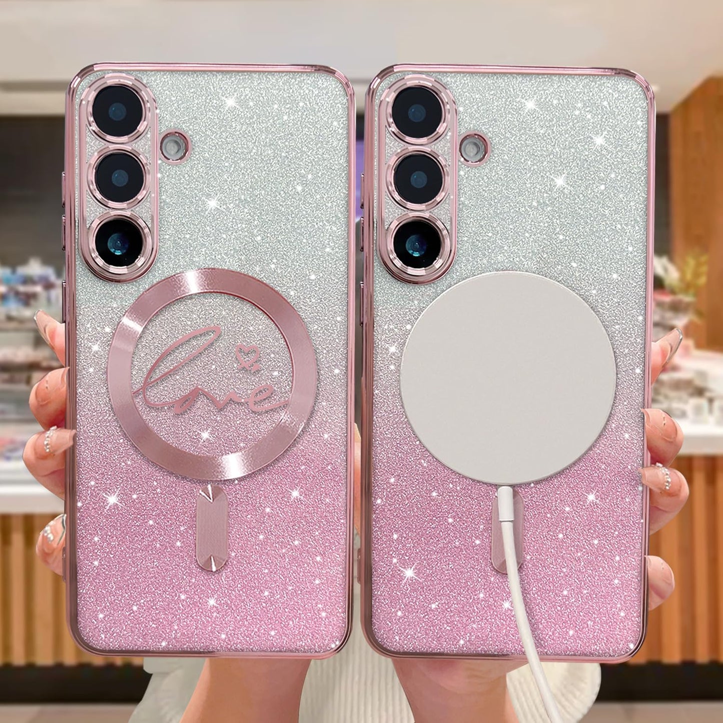 ZONRW for Samsung Galaxy S26 Case Magnetic,for Women Girl Soft Cute Luxury Love Heart Plating Bling Gradient Glitter Clear Phone Case Compatible