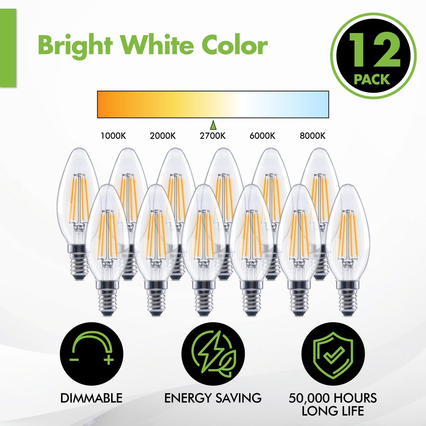 KOR 12-Pack Dimmable LED Candelabra Bulbs, E12 B11, 60W Eq, 2700K