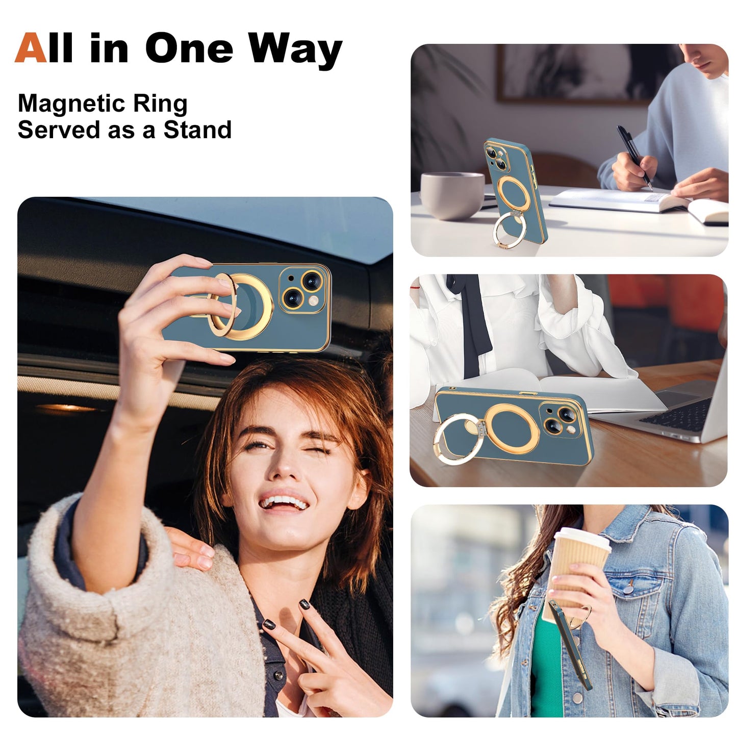 ETPESOK Compatible with iPhone 15 Case with Magnetic Ring Stand [Compatible with Mag-Safe] [Full Camera Lens Protector] Soft Plating Phone Case