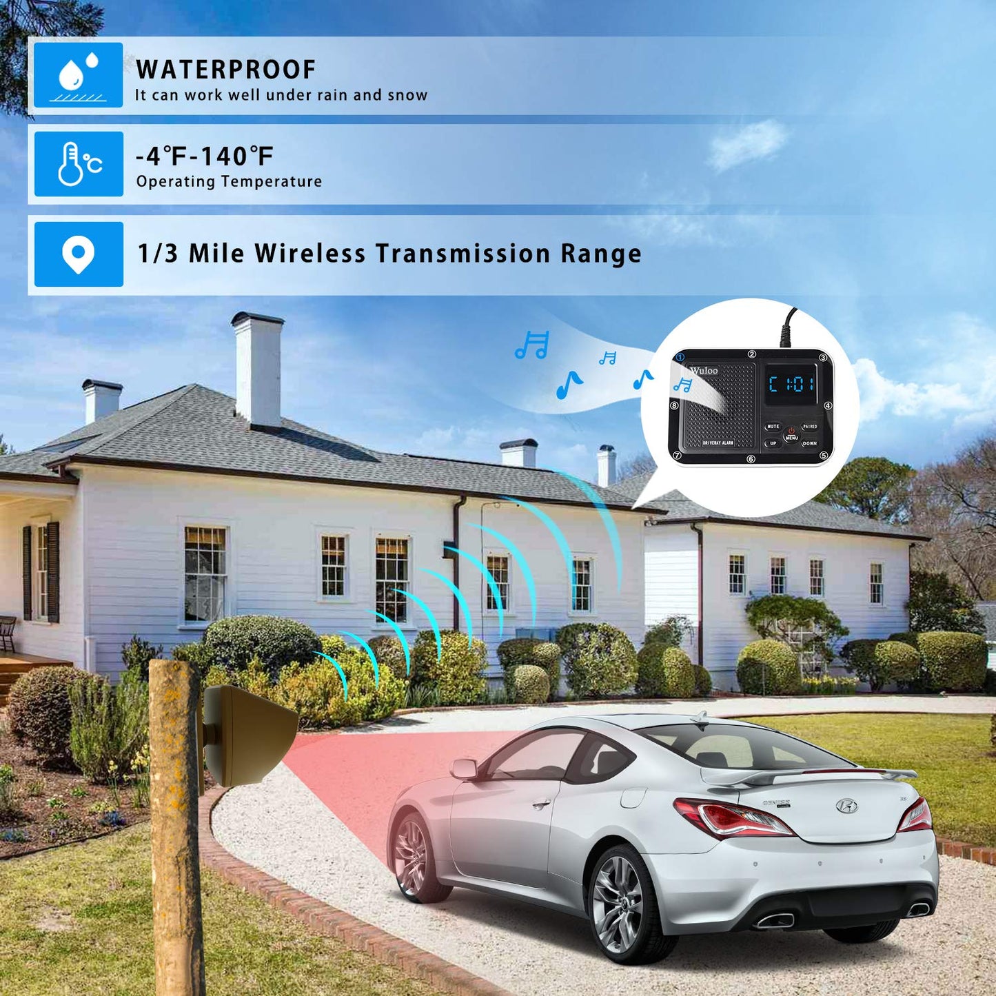 Solar Driveway Alarm Wireless Outside 1800ft Range, Outdoor Motion Sensor & Detector Driveway Alert System with Rechargeable Battery/Weatherproof/Mute