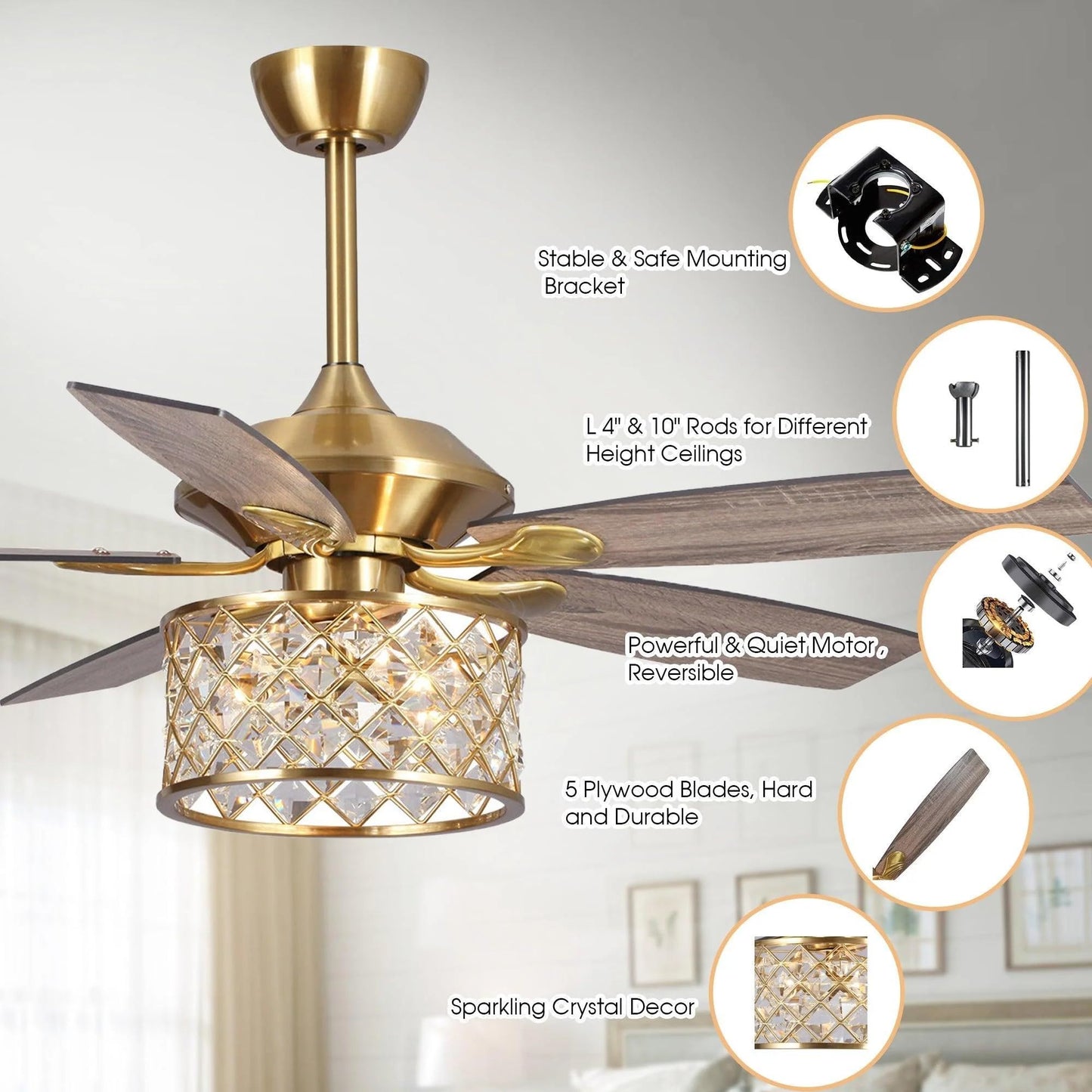 Vaczon 52'' Farmhouse Ceiling Fan with Light: Golden Caged Fandelier Style, Crystal Ceiling Fan with Remote, 6 Speeds, Reversible Motor, Noiseless