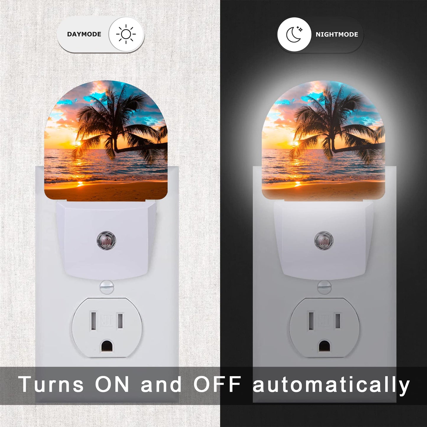 AOWULA Sunset Night Light,Tropical Palm Trees Sea Beach Night Lights Plug into Wall, Dusk to Dawn Sensor LED Lamp 0.5W for Boys/Girls/Women/Men