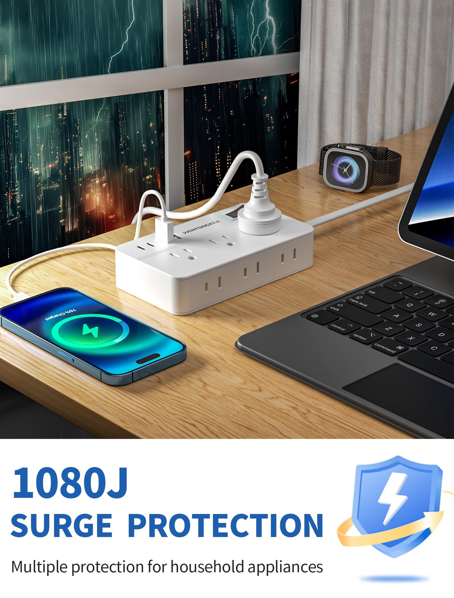 Surge Protector Power Strip - 5Ft Braided Extension Cord Flat Plug with 6 Outlets and 2 USB-A 2 USB-C Ports, 1080 Joules Wall Mounted Charging Station