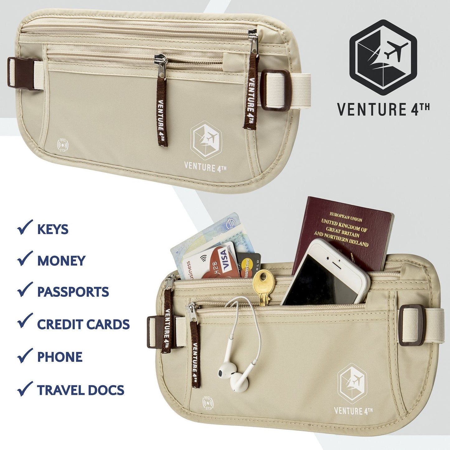 VENTURE 4TH Slim RFID Money Belt – Minimalist Travel Waist Pouch with RFID Blocking Sleeves for Cash, Cards, Passport & Phone, Beige