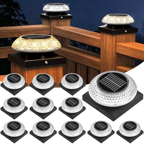 Hiromeco 4x4 Solar Post Cap Lights 12 Pack: Fence Post Solar Lights with 3 Lighting Modes & Round Lampshade - Waterproof Outdoor Deck Post Light