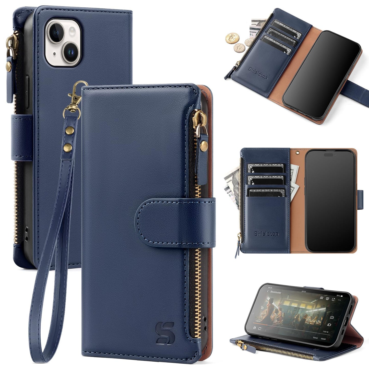 Shieldtop Compatible with iPhone 14 Plus Wallet Case with Card Holder,Women Men RFID Blocking PU Leather Flip Cover Wrist Strap Zipper Credit Card