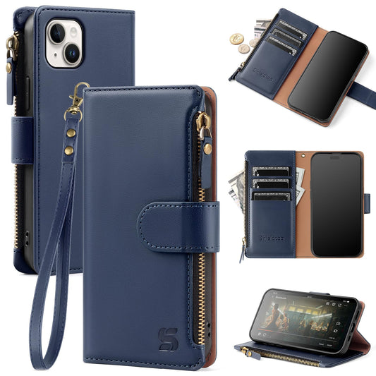 Shieldtop Compatible with iPhone 14 Plus Wallet Case with Card Holder,Women Men RFID Blocking PU Leather Flip Cover Wrist Strap Zipper Credit Card