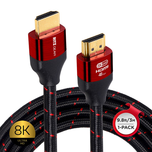 Ritz Gear 8K HDMI 2.1 Cable 9.8 ft. 48 Gbps Ultra High Speed Braided Nylon Cord & Gold Connectors - 8K@60Hz UHD Video, 4K@120Hz, 4K@60Hz, 2K, 1080P.