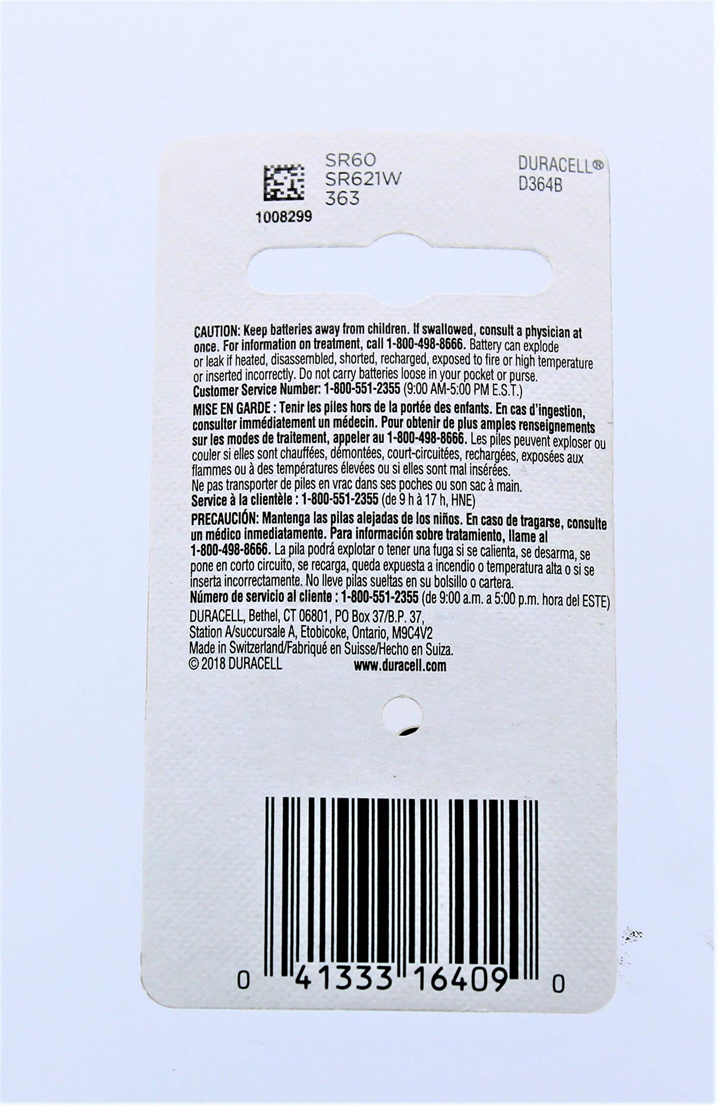 Duracell Watch And Electronic Battery 1.5 V Silver Oxide Model No. 364 Carded