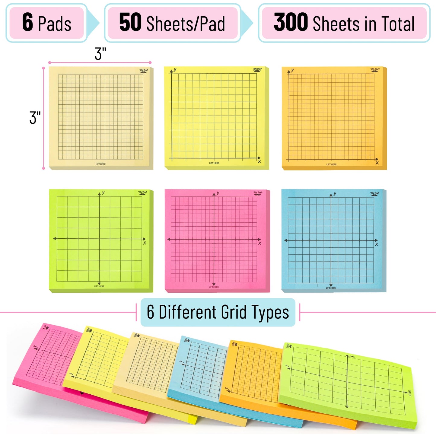 Mr. Pen- Graph Sticky Notes, 3x3 Inch, 6 Pads, 50 Sheets/Pad, 300 Sheets | 6 Grid Designs, Bright Colors, Square Graph Paper Notes, Grid Sticky Note