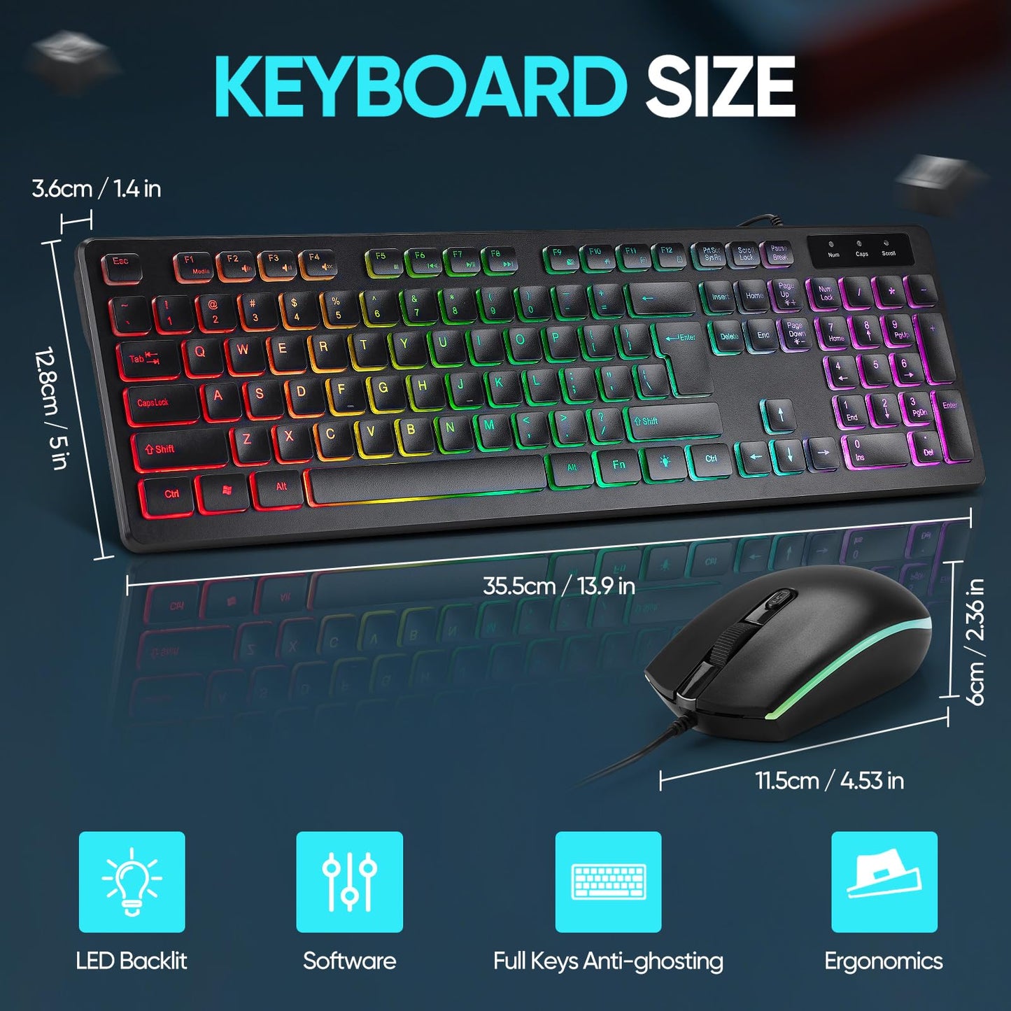 Wired Rainbow LED Backlit Keyboard and Mouse Combo,USB Lighted Computer Keyboards,Quiet Input Keyboard and Mouse for PC, Windows, Laptop,Office