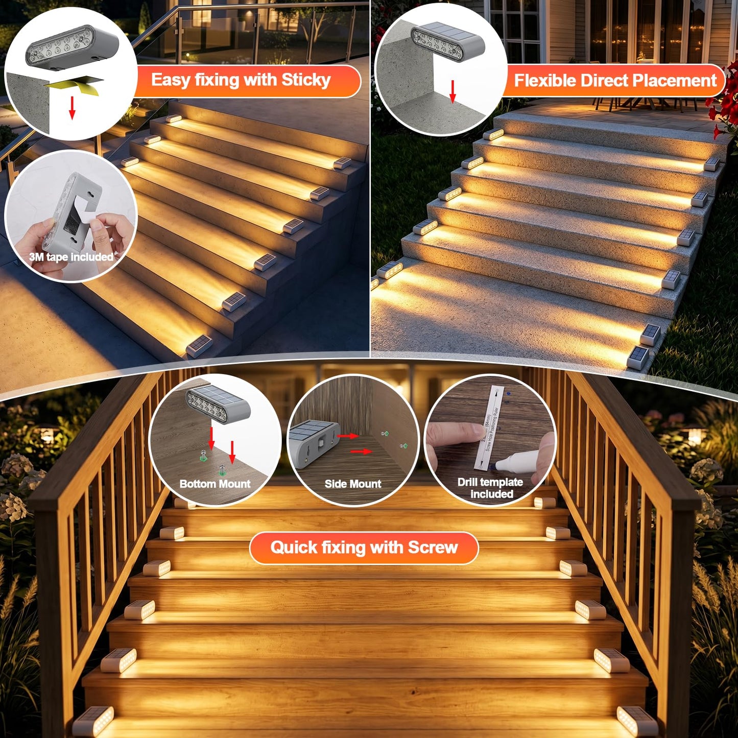 Solar Step Lights Outdoor Waterproof, 8 Pack Solar Stair Lights Outdoor IP67, 14 LED Warm 3000K Outdoor Step Lights, Solar Powered Lighting for Steps