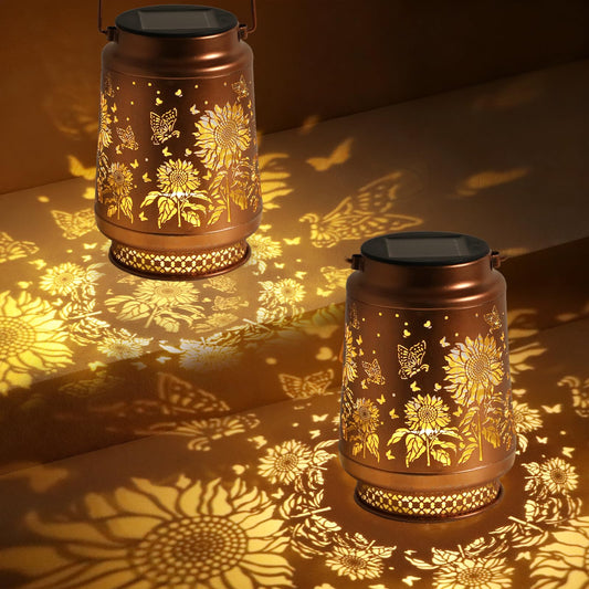 2 Pack Sunflower Solar Lanterns Outdoor Waterproof, Garden Decor Birthday Gifts for Women Mom Grandma Sister, Metal Hanging Solar Lights Outside