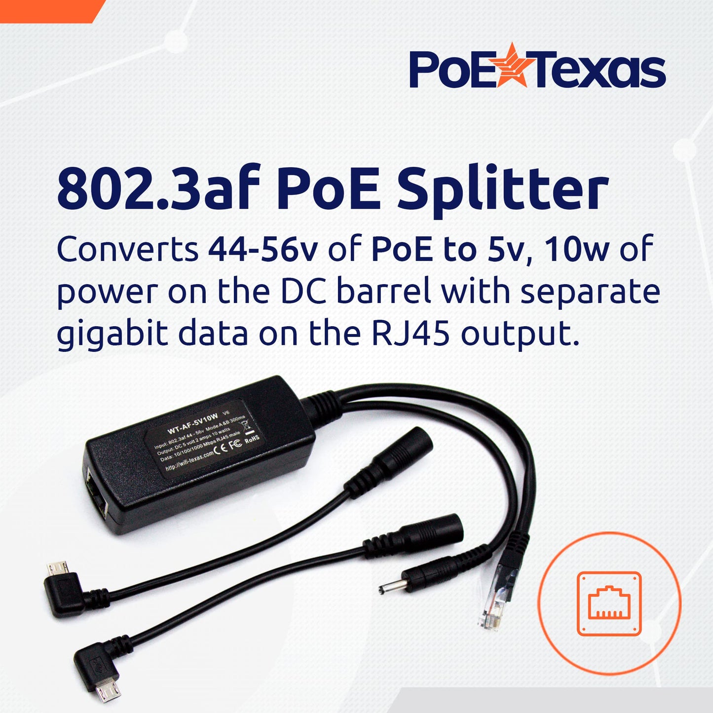 PoE Texas 802.3af Power Over Ethernet PoE Splitter + MicroUSB Connectors, 5 Volts 10 Watts Output & Gigabit Data - for 5V Power to Tablets, Dropcam