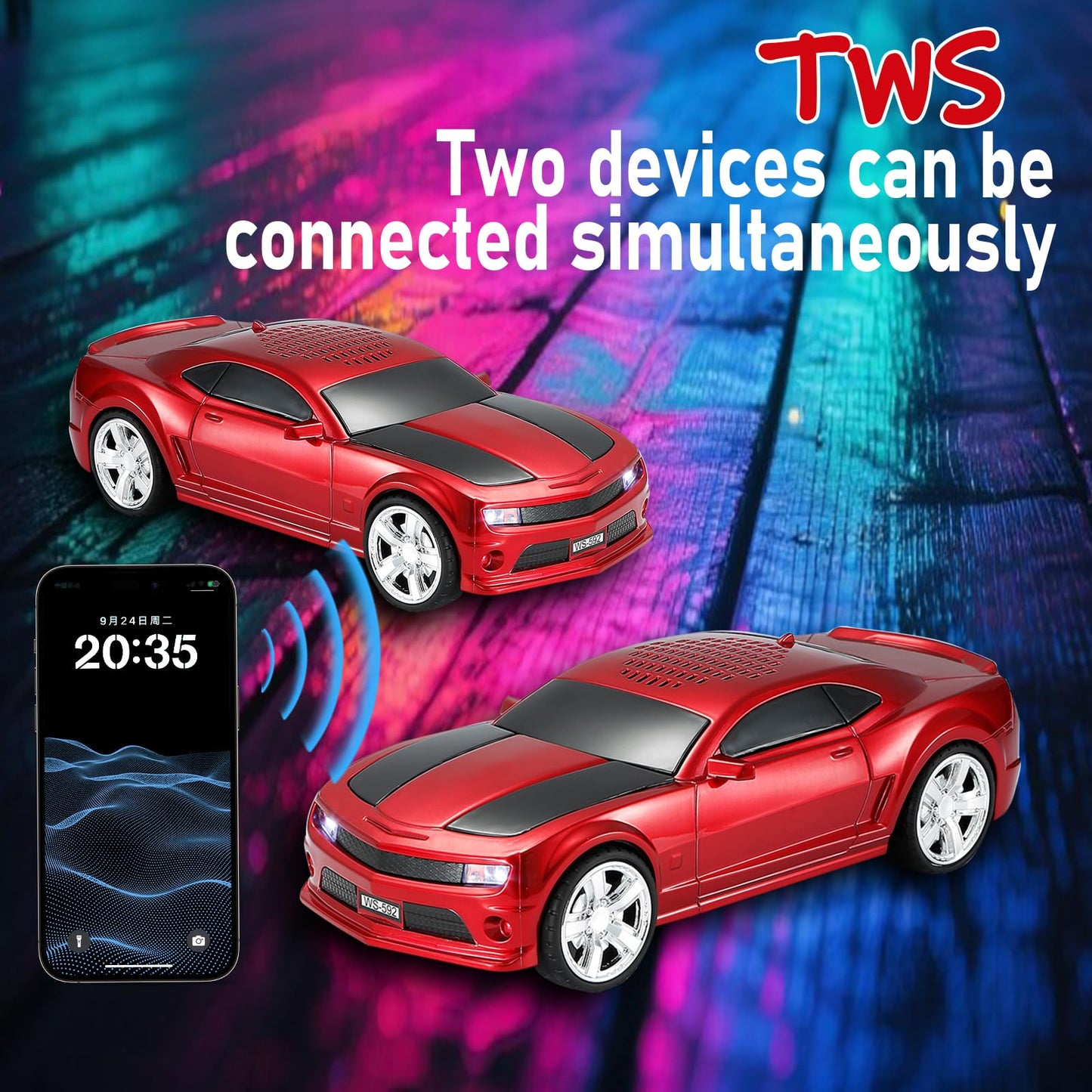WSTER WS-592 Supercar Design Bluetooth Replica Speaker - Portable Car Model Wireless Speaker with TWS Stereo, FM Radio, LED Party Lights, USB/TF