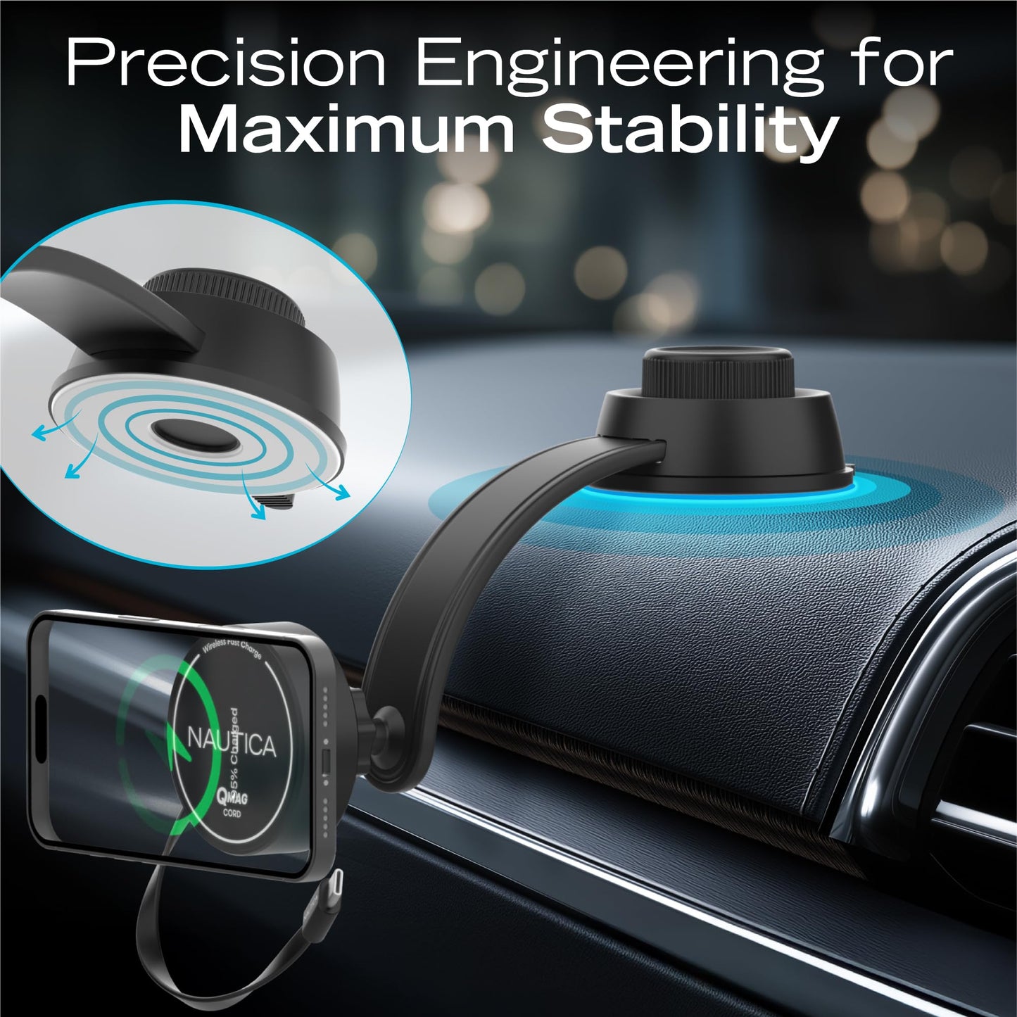 Nautica Turan QMAG Cord - Wireless Magnetic Car Charger 15W with Built-in Retractable USB-C Cable, Universal Fast Charging Phone Mount, Dashboard