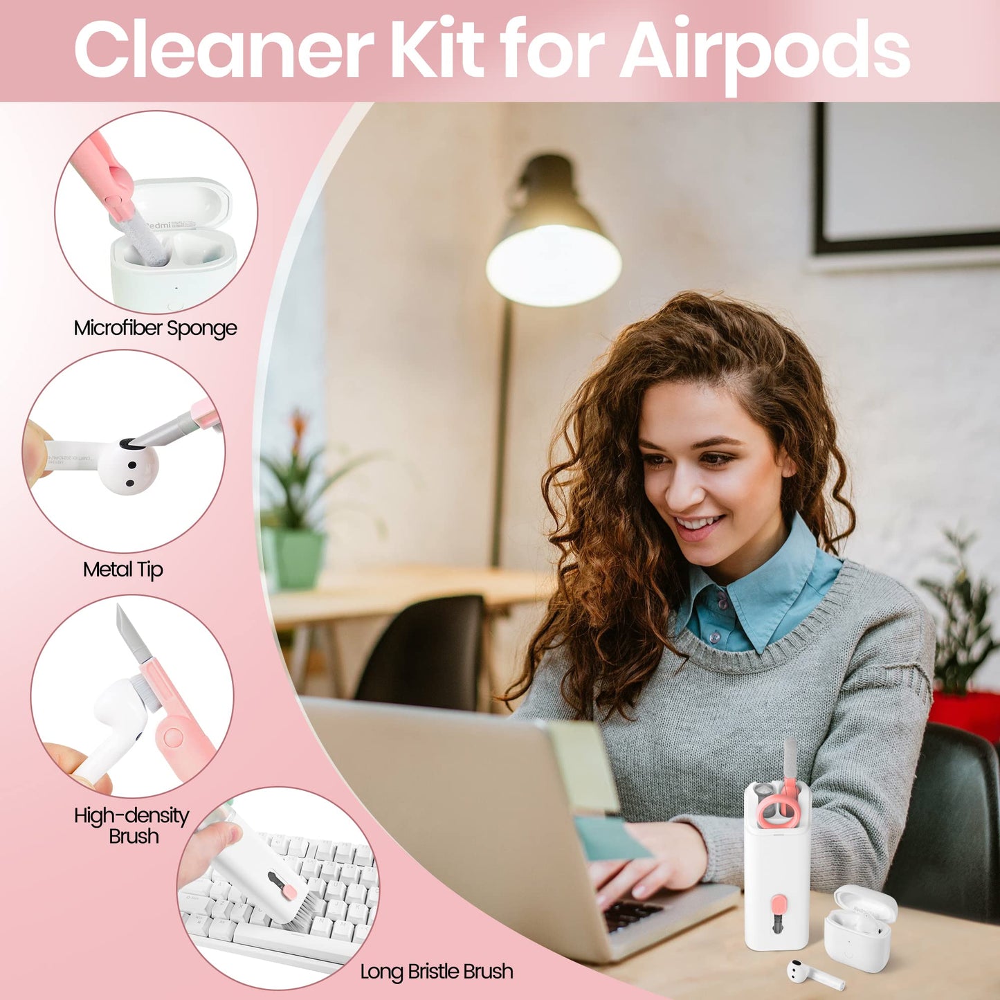 MacBook iPad iPhone Pro Screen Cleaner and Keyboard Tool - AirPod Cleaner - Computer Cleaning Kit (Pink)