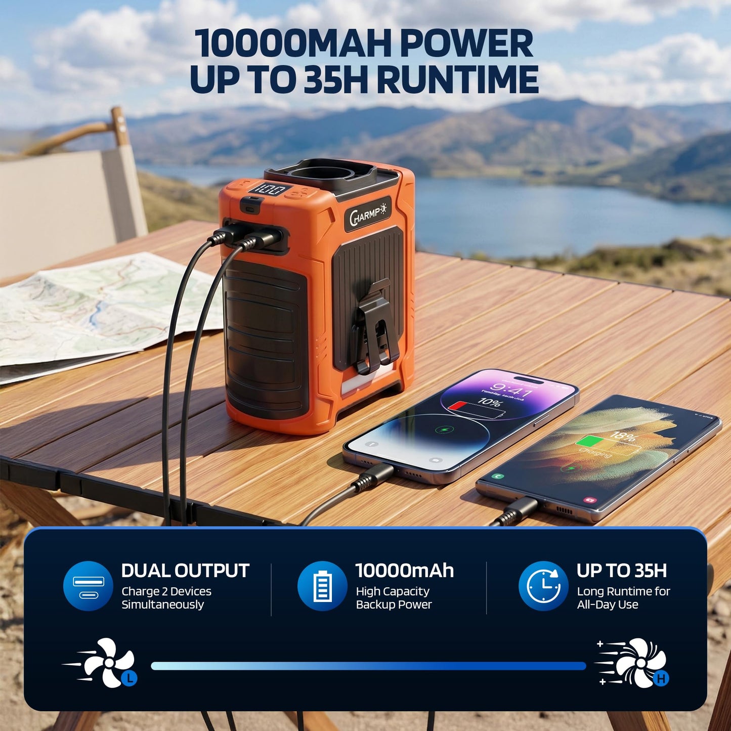 Portable Waist Fan, 10000mAh Rechargeable Belt Clip Fan, 59ft/s Turbo Airflow, 18500RPM 6-Speed, Up to 35H Hands-Free Cooling with Bottom Air Intake