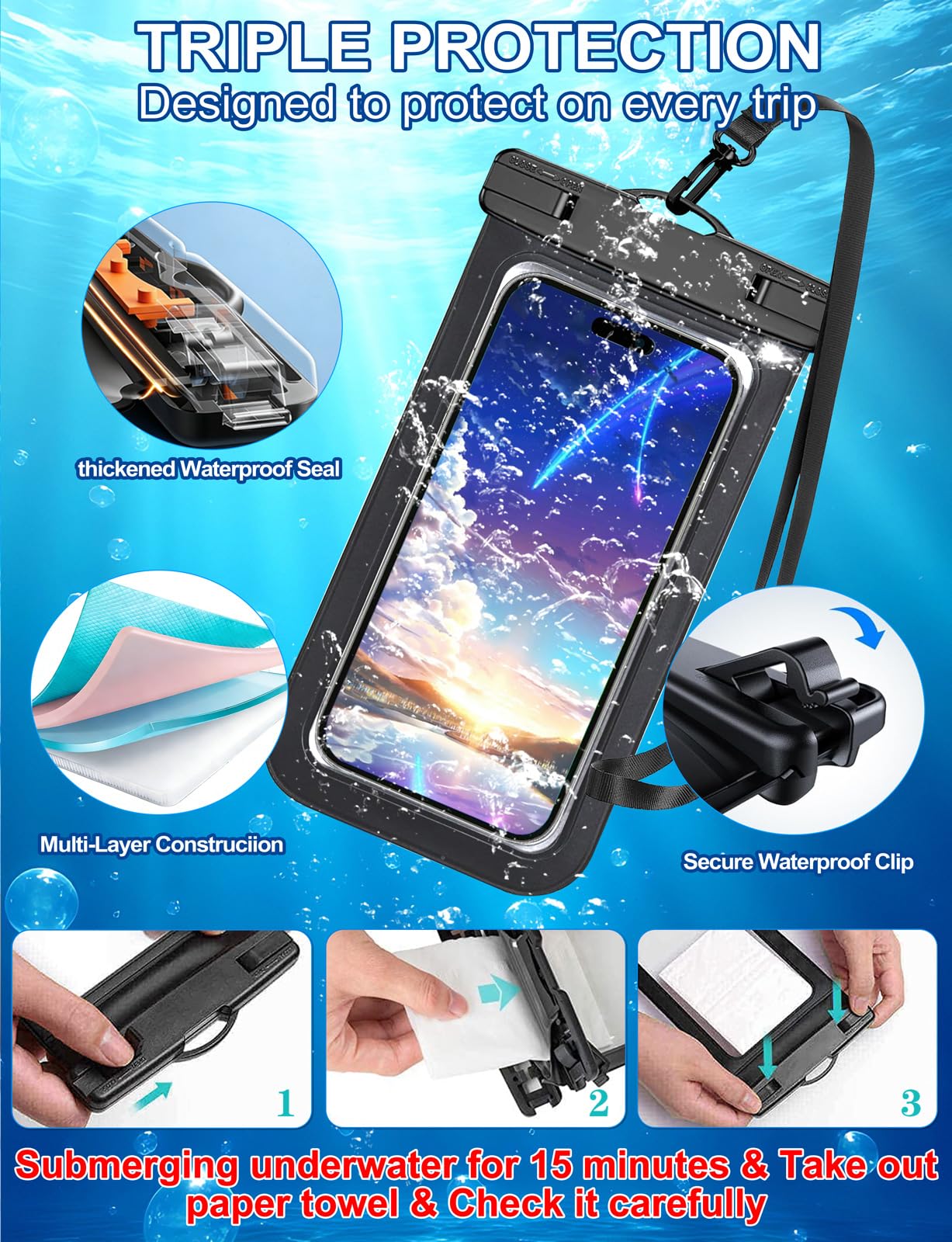 Waterproof Phone Pouch, Cell Phone Case Dry Bag,Protection Level: IP68,Beach Cruise for iPhone,Samsung,and More,Lanyard Included,(Fits Up to 8.3")