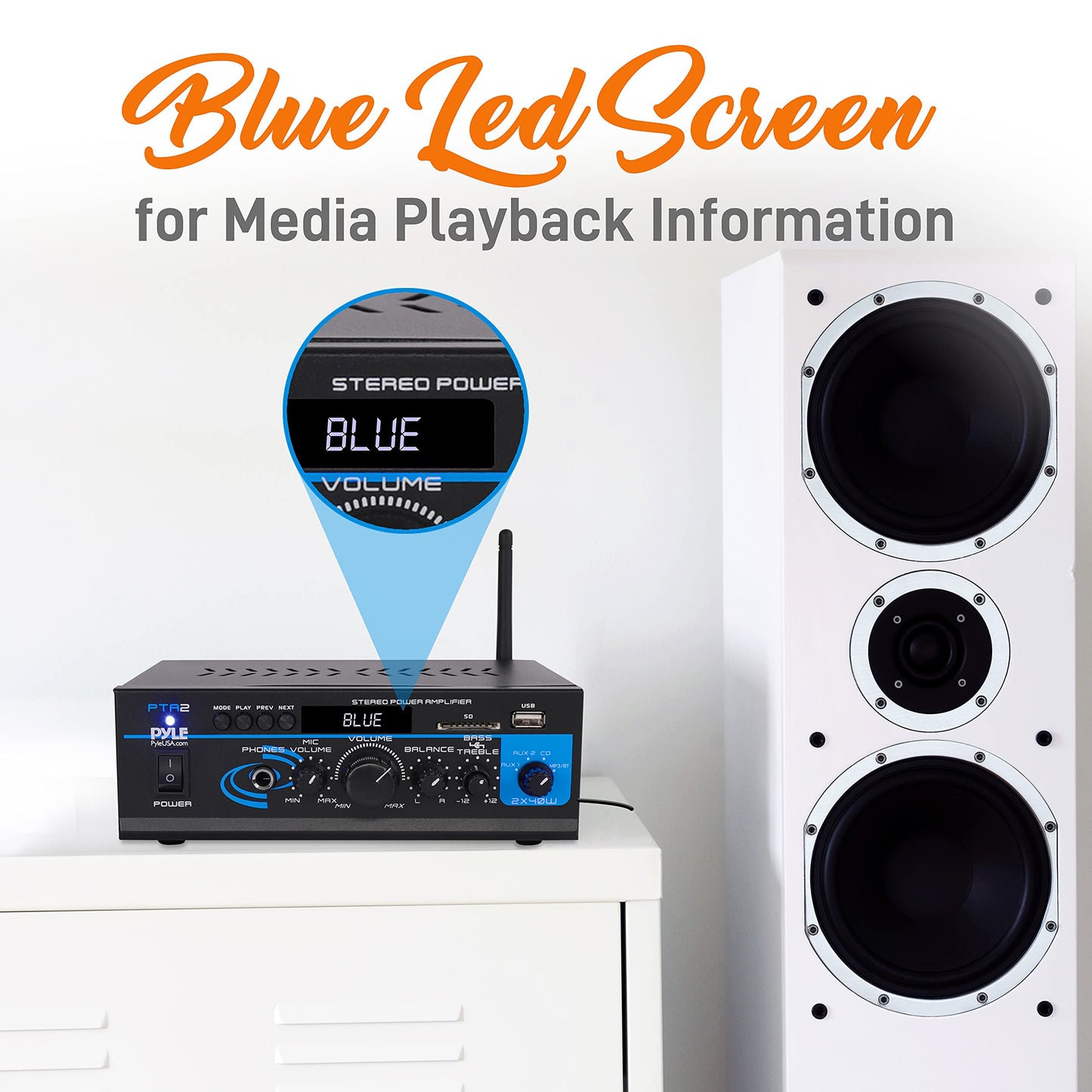Pyle Home Audio Power Amplifier System - 2X40W Bluetooth Mini Dual Channel Mixer Sound Stereo Receiver Box w/ AUX, Mic Input - For Amplified Speakers