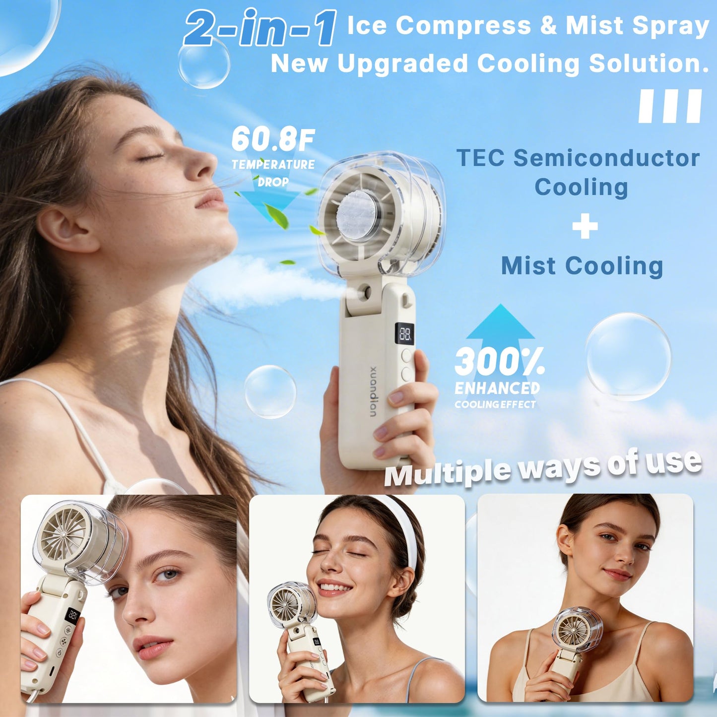 Sovrelon 2-in-1 Handheld Portable Misting Fan with Hydrating Mist & Ice Cooling, 6-Speed High-Speed Rechargeable Mini Cordless Fan, Personal Foldable