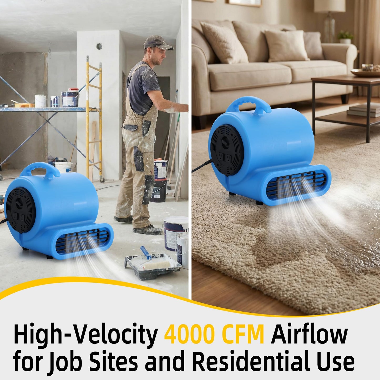 RYNSTO Commercial 1 HP Air Mover Fan for Water Damage Restoration,4000 CFM Industrial Carpet Dryer, Blower Fans,3-Speed Floor Fan with Daisy Chain