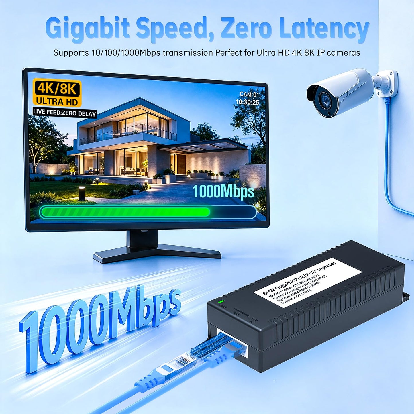 60W Gigabit PoE++ Injector, 48V Power Over Ethernet Adapter, 802.3af/at/bt