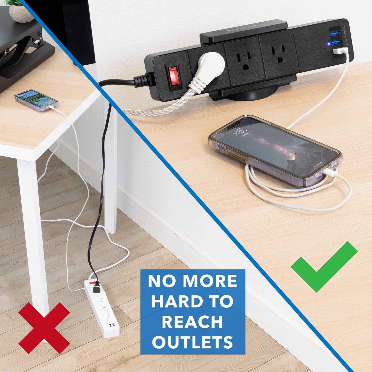 Mount-It! Power Strip Holder Clamp Desk Mount with Included Surge Protector | Black Desktop Power Outlet with 3 USB Ports and 3 AC Power Outlets |