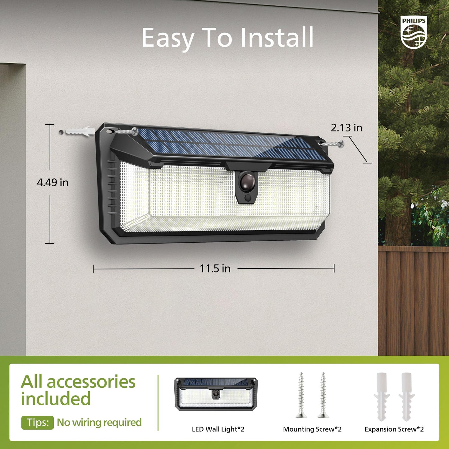 Philips Solar Lights Motion Sensor Outdoor, 258 LEDs Solar Powered Security Lights, 3 Lighting Modes, Waterproof Wall Light for Outside Yard Fence