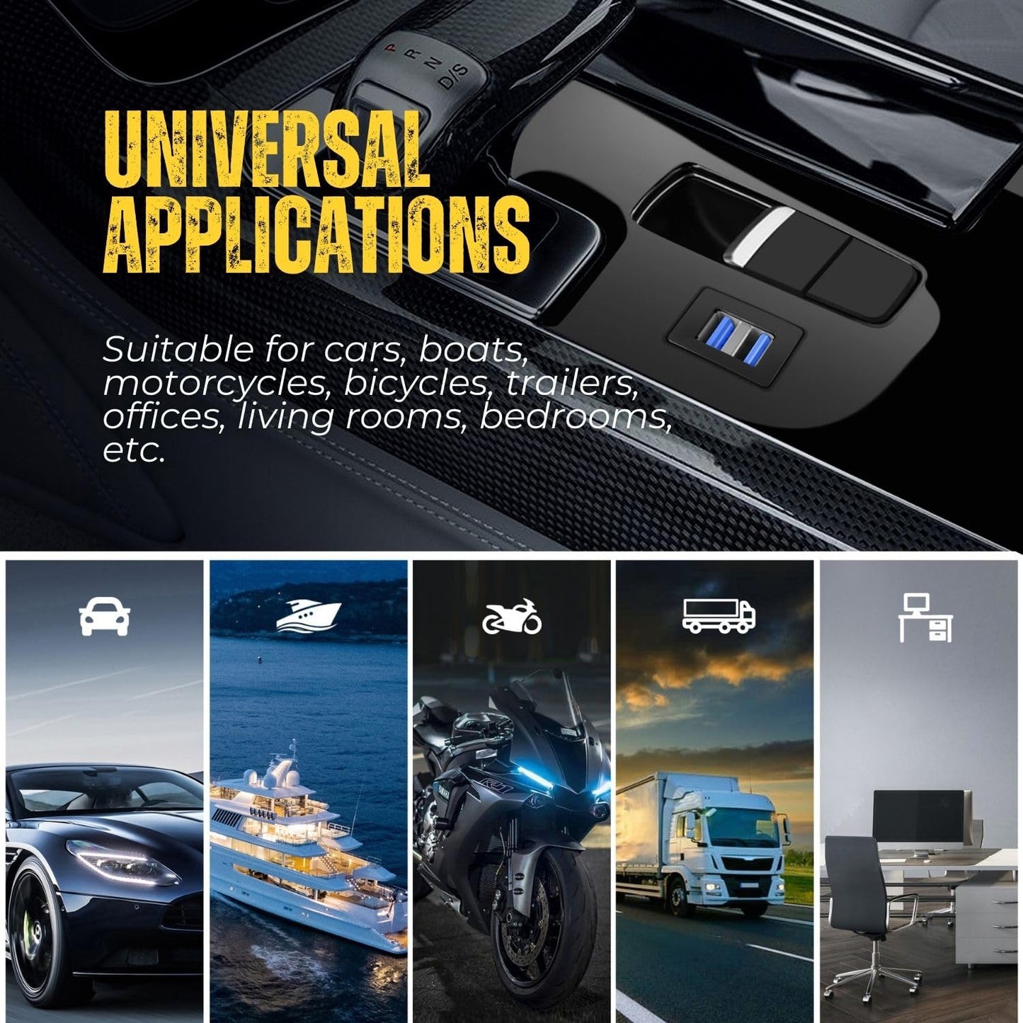 TNP Dual USB 3.0 Flush Mount Cable w/Buckle (Square)- Dashboard Panel Dash Mount 2 Ports Dual USB Socket Plug Jack Connector Extension Wire Cord Water