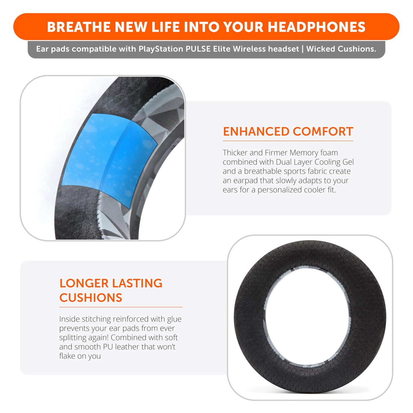 WC Freeze Pulse Elite - Cooling Gel Earpads Compatible with PS5 Pulse Elite, Made by Wicked Cushions | Thicker Cushion & Wider Opening | Geo Grey