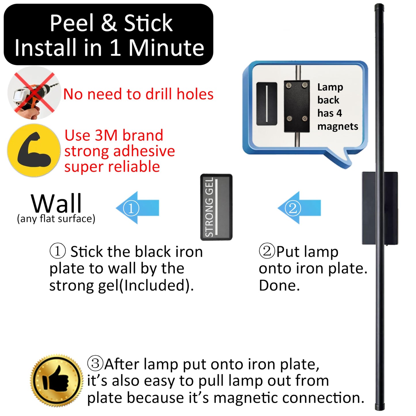 Easy Install Peel and Stick on Battery Operated Wall Sconces Set of 2 Rechargeable, Magnetic Linear Wall Sconce Wireless Long Picture Vanity Wall
