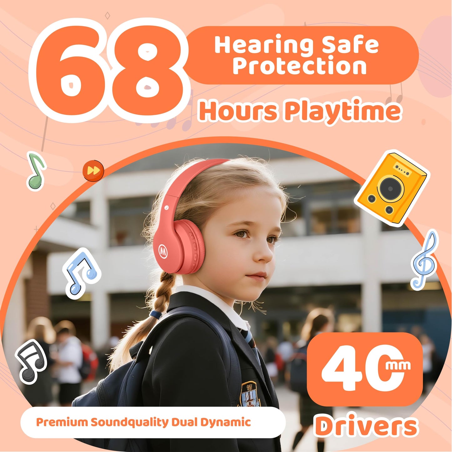 Mokata Headphones Kids Bluetooth 5.4 Wireless Play Time 68H Safe Volume Limit 85/94dB Over-Ear Foldable Headset,Fast Charging,with Aux Cord Built-in…