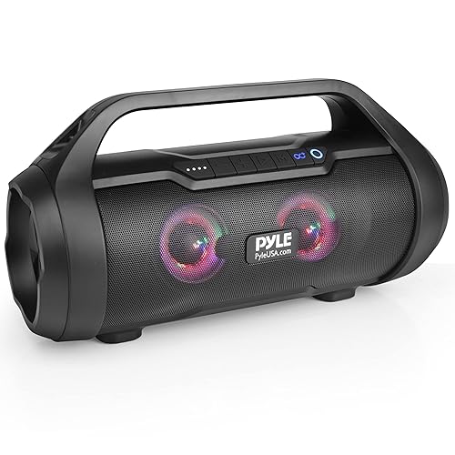 Pyle Portable Bluetooth Boombox Speaker - 40W Max Power, 2.0 Channel Rechargeable Barrel Style Speaker with TWS, LED Lights - AUX In, USB-C, MicroSD
