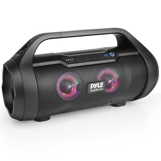 Pyle Portable Bluetooth Boombox Speaker - 40W Max Power, 2.0 Channel Rechargeable Barrel Style Speaker with TWS, LED Lights - AUX In, USB-C, MicroSD