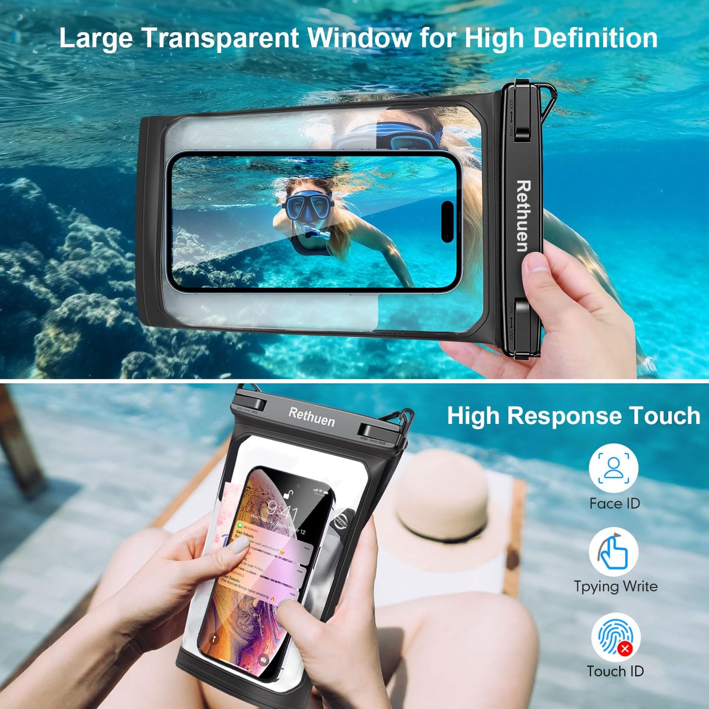 Rethuen Large Floating Waterproof Phone Pouch, 2Pack Cell Phone Dry Bag for iPhone 17 16 15 14 13 Pro Max Galaxy S24 S23 S22 All Phones, Float Water