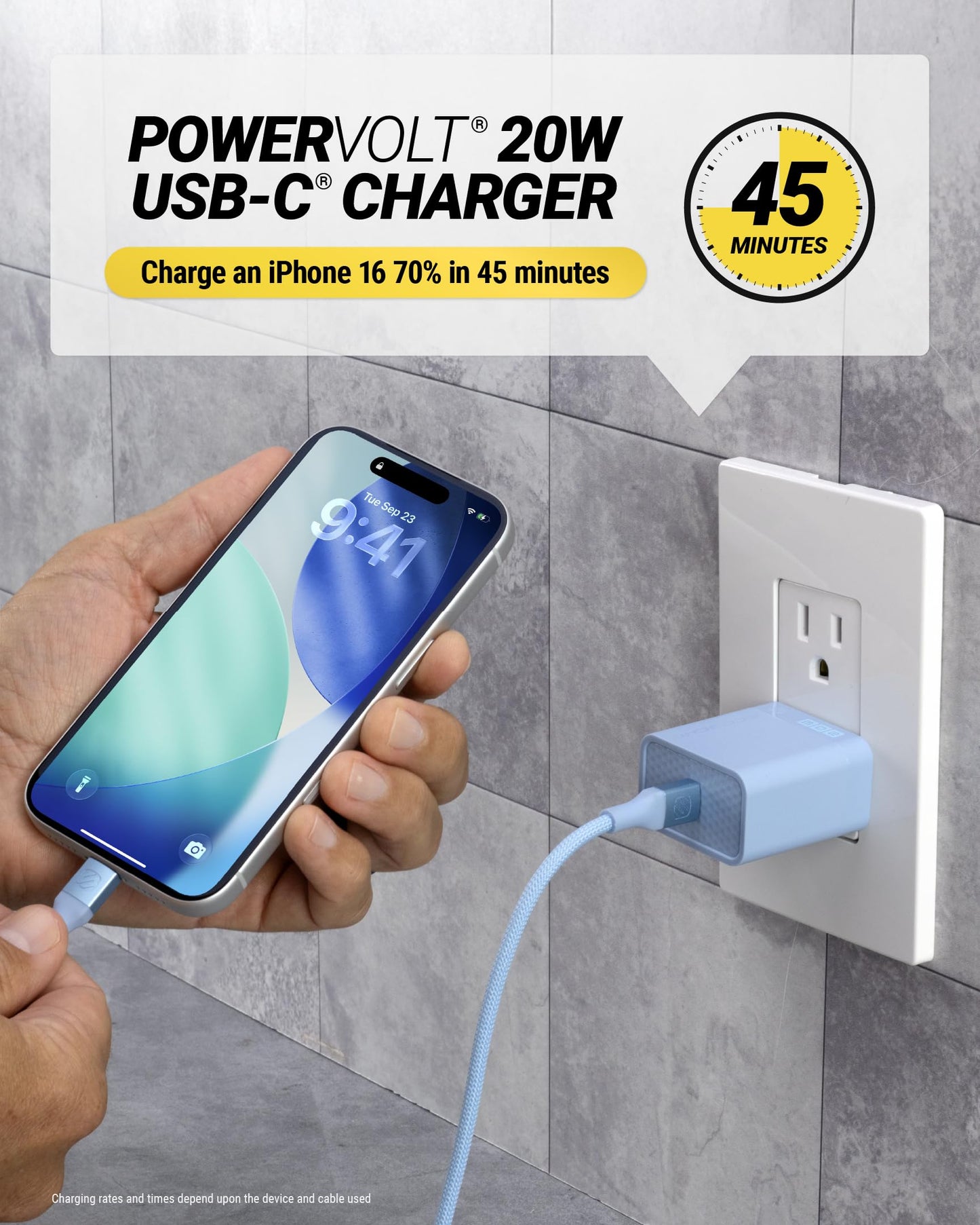 Scosche 20W USB C Charger Block and Braided 6ft USB-CCharging Cable, Fast Charging Type C Wall Charger Compatible with Apple iPhone Air, iPhone