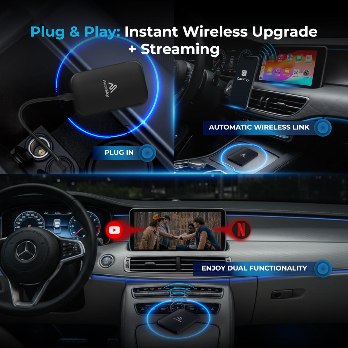 AUTOSKY LITE Box Dual Plus 2026 - Wireless CarPlay & Android Auto Adapter - Dual WiFi Module - Netflix & YouTube Support - Stable Connection, No Reconnect Needed