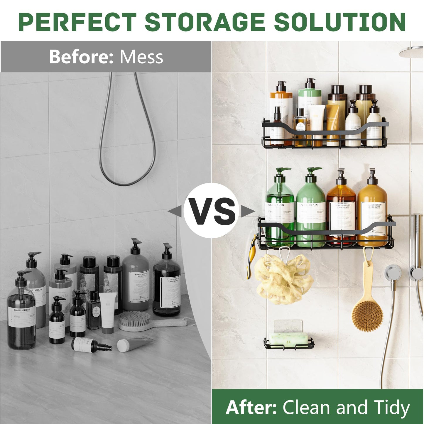 OMAIRA 3-Pack Shower Caddy Set – No-Drill Adhesive Bathroom Organizer with Soap Holder, Rustproof Storage Rack – Black, Large